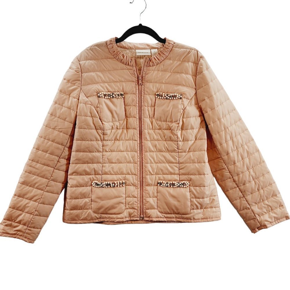 Chicos Lightweight Quilted Puffer Jacket Zip Front Peach Pink Pearl Rhinestone M